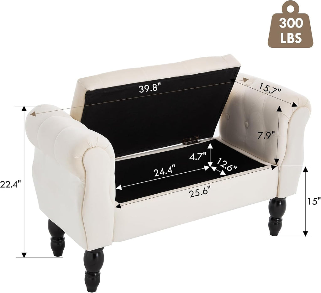 Armed Storage Bench for End of Bed, Modern Velvet Ottoman Bedroom Bench with Wood Legs Upholstered Entryway Bench with Storage, Button Tufted Window Ottoman for Living Room, Reception, Cream