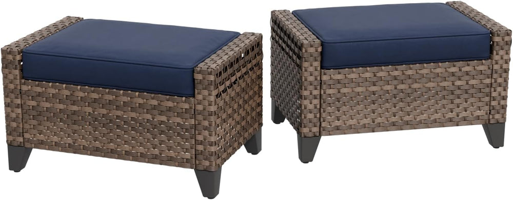 2 Pieces Modern Outdoor Wicker Patio Footstools, Multipurpose PE Rattan Ottom...