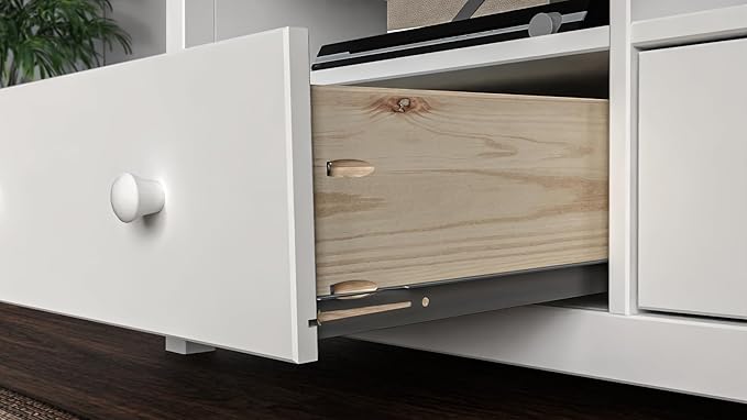 Handcrafted Solid Oak TV Stand Entertainment Center - Elegant White/Pine Media Console with Spacious Storage Drawers & Open Shelves - Sturdy Wood Cabinet Fits TVs up to 55 Inches
