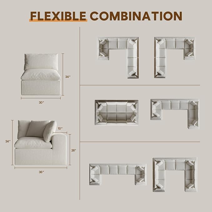 189" Oversized Boneless Cloud Couch, Modular Sectional Couches for Living Room, L-Shaped with Deep Seats, No Assembly Required, 8-Seater Washable Fabric Sleeper Sofa, White