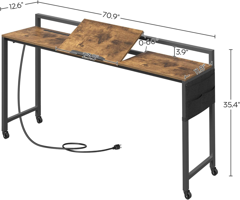 YATINEY Overbed Table with Wheels, Queen Size Mobile Bed Desk with Charging S...