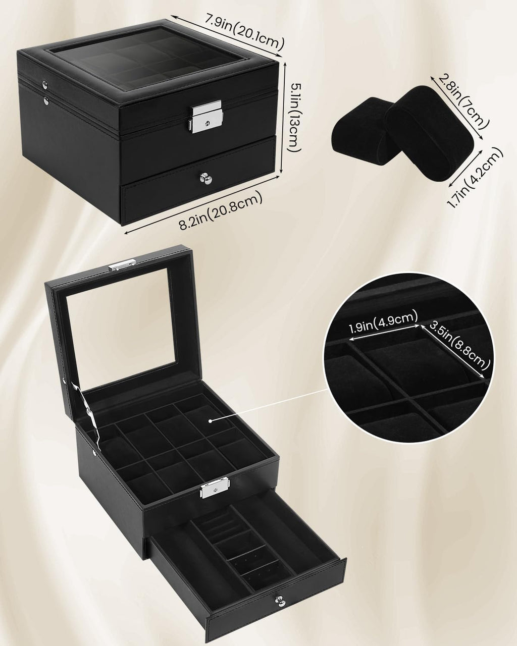 Uten 8-Slot Watch Box, 2-Layers PU Leather Watch Case with Glass Lid, Watch Holder Organizer with Soft Pillow and Velvet Lining, Watch and Jewelry Storage Box, Black