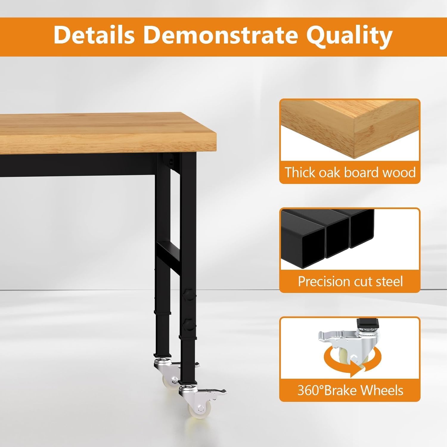 48" Solid Wood Work Bench, Adjustable Height Workbench with Wheels, Heavy-Duty Work Table with Power Outlets, 2000 LBS Capacity Workstation for Garage, Workshop
