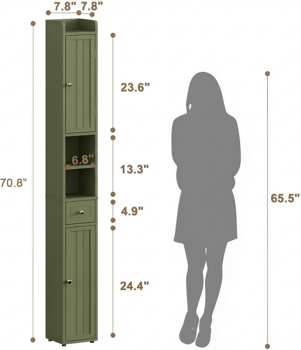 ChooChoo Narrow Bathroom Storage Cabinet with Adjustable Shelves and Drawer | Tall Slim Storage Cabinet, Freestanding Cupboard for Small Spaces, Green
