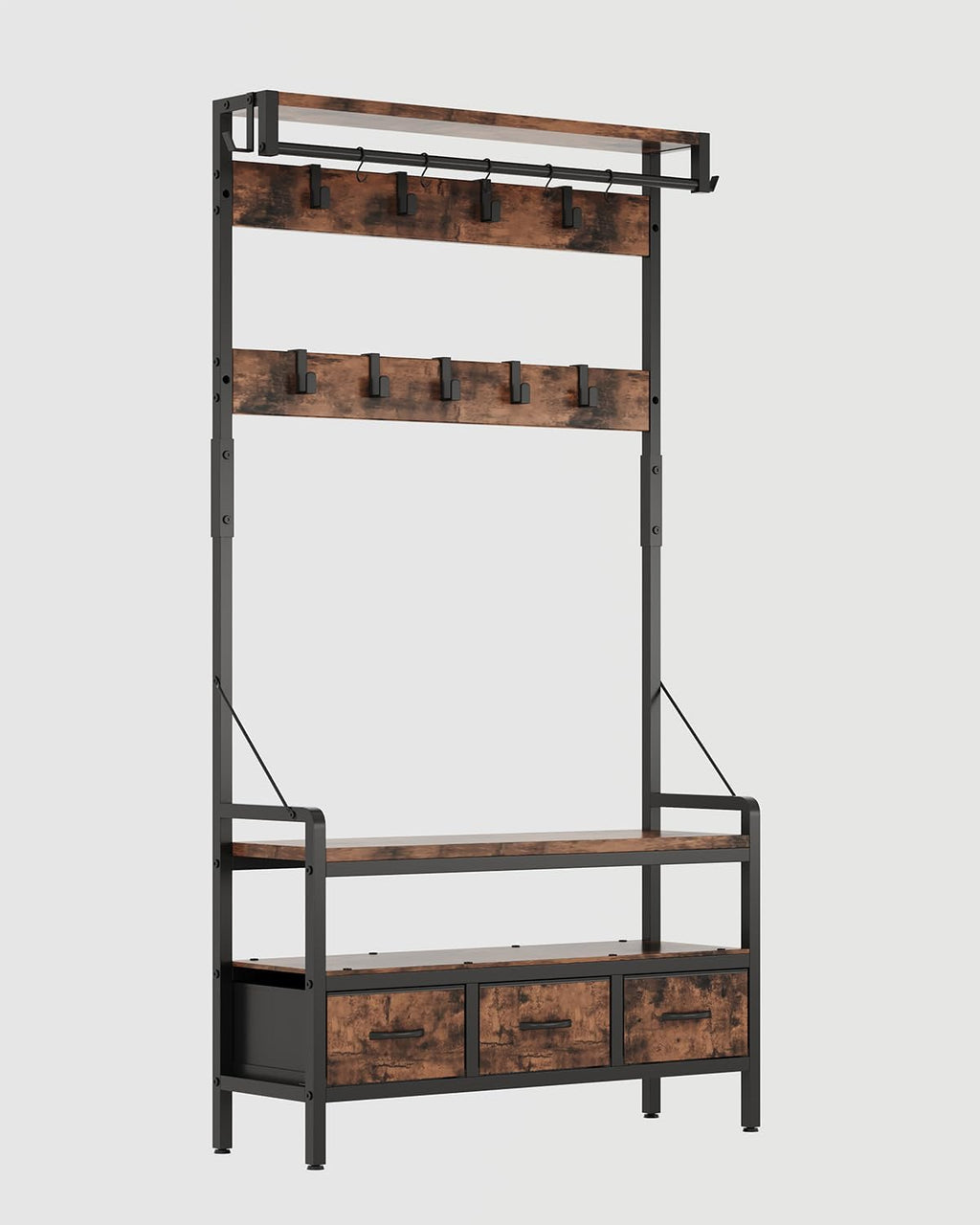 Hall Tree with Bench and Shoe Storage, Freestanding Entryway Coat Rack with 3 Fabric Drawers, 16 Hooks