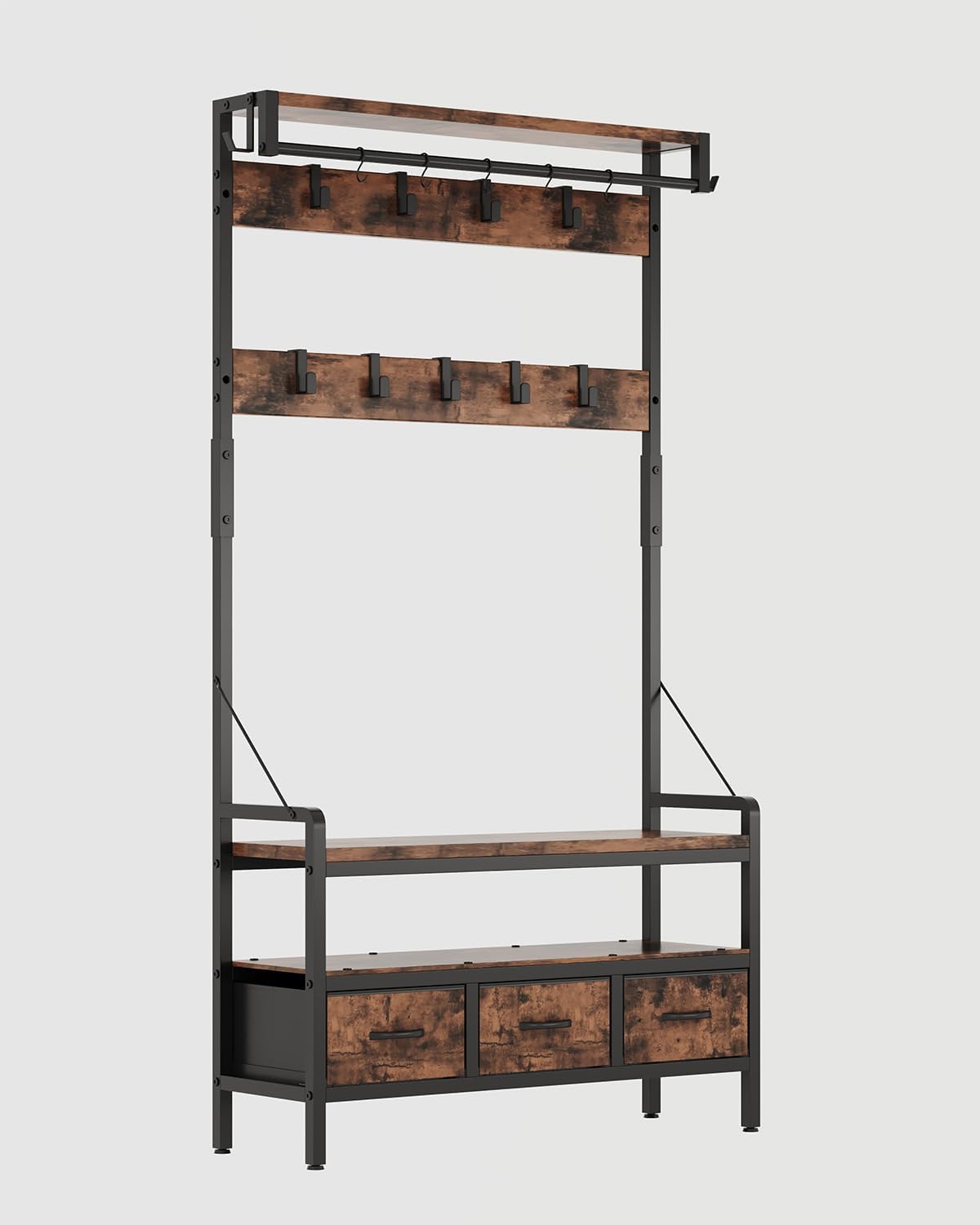 Hall Tree with Bench and Shoe Storage, Freestanding Entryway Coat Rack with 3 Fabric Drawers, 16 Hooks