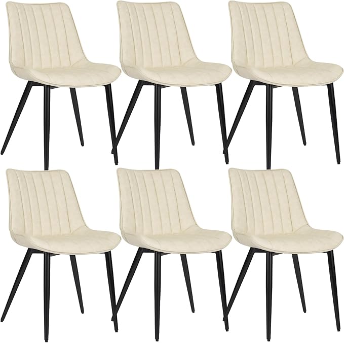 6 PCS Faux Leather Dining Chairs, Mid Century Modern Leisure Upholstered Chair with Metal Legs for Kitchen Living Room Beige