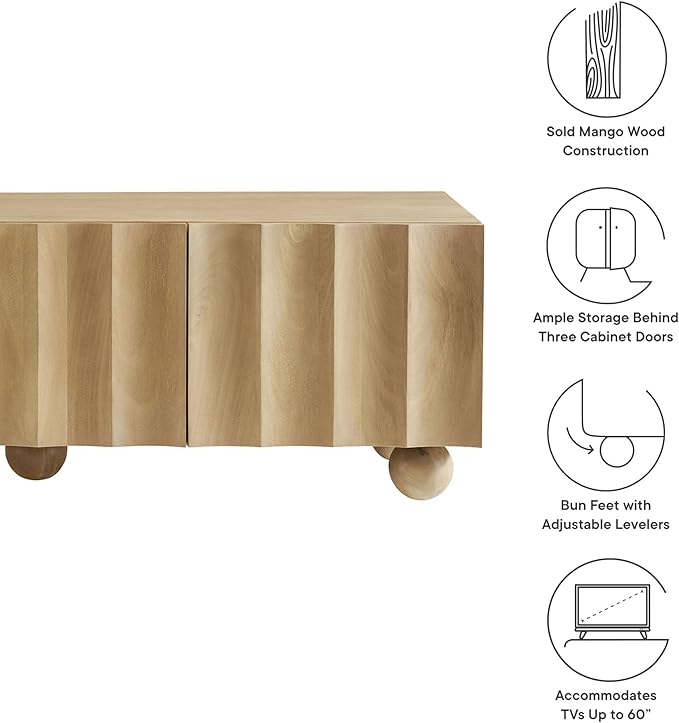 Modway Sorren 54 Inch Scalloped TV Stand in Natural – 3 Door Media Console Cabinet – Modern Storage TV Stand with Doors