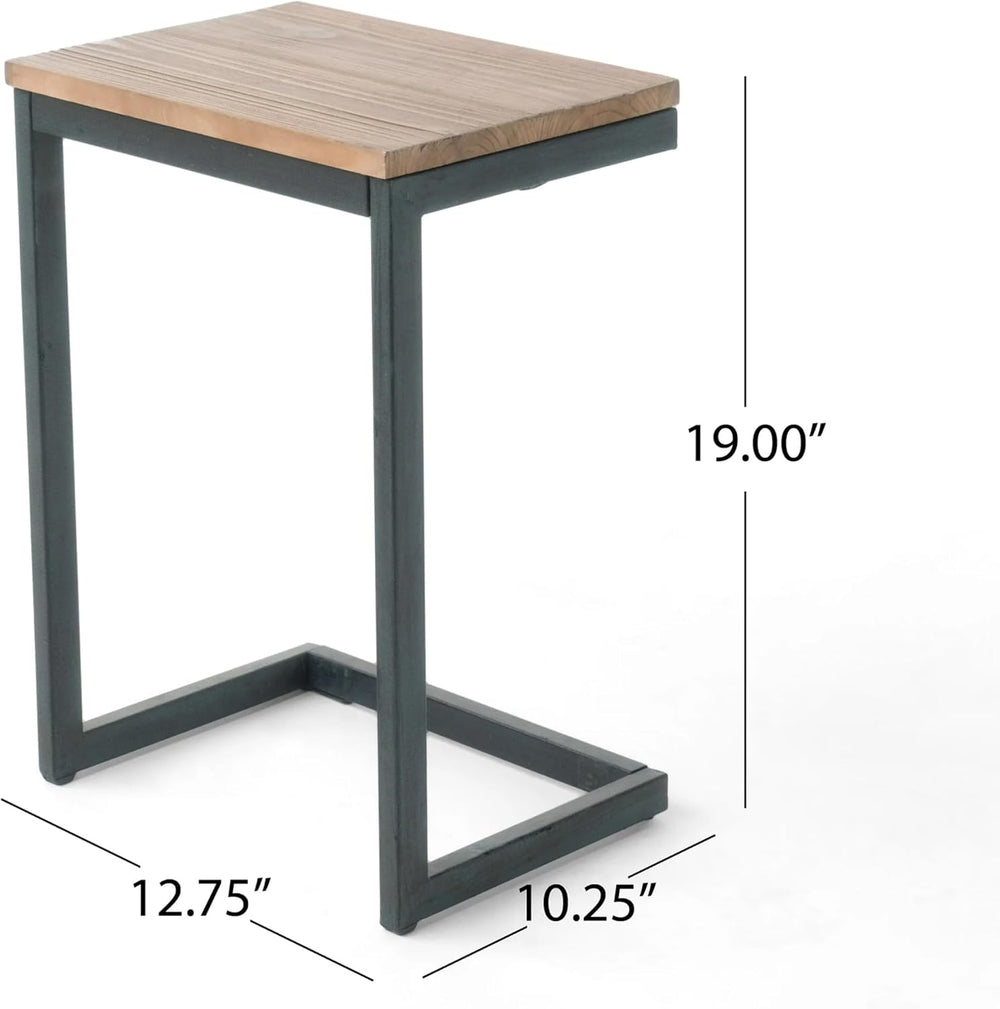 C-Shaped Side Table with Natural Wood Top and Metal Frame, Rectangular, for L...