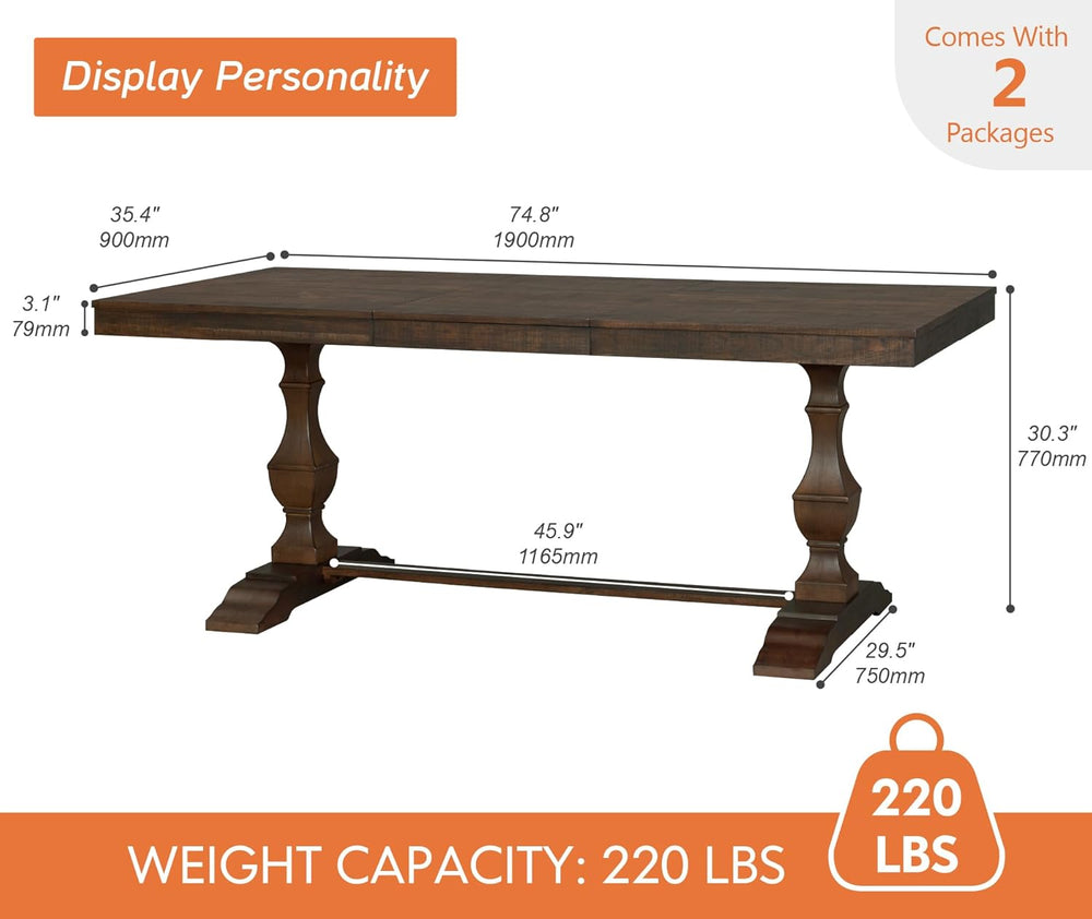 WAMPAT 74.8-inch Long Vintage Farmhouse Dining Table for 6-8 People,Sturdy Wo...