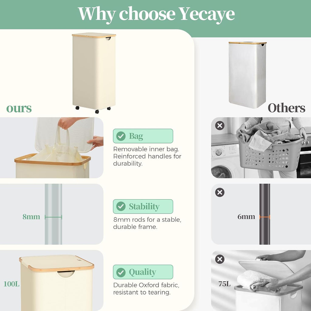 Yecaye 100L Large Capacity Laundry Hamper – Foldable Rolling Laundry Basket, Mobile Clothes Hamper with Wheels, Removable Inner Bag, Bamboo Handle Lid Laundry Bin – Multi-Use Storage,Beige