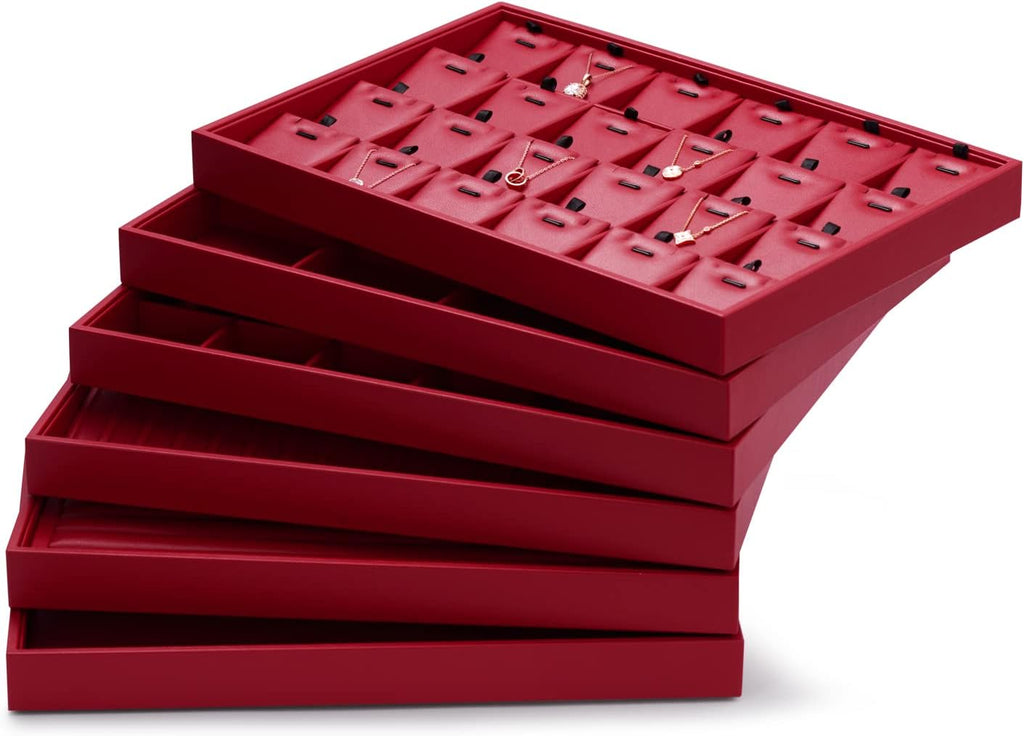 Oirlv Gorgeous Red Leather Jewelry Tray Necklace Bracelet Long Chain Storage Stackable Necklace Trays Jewelry Drawer Organizer