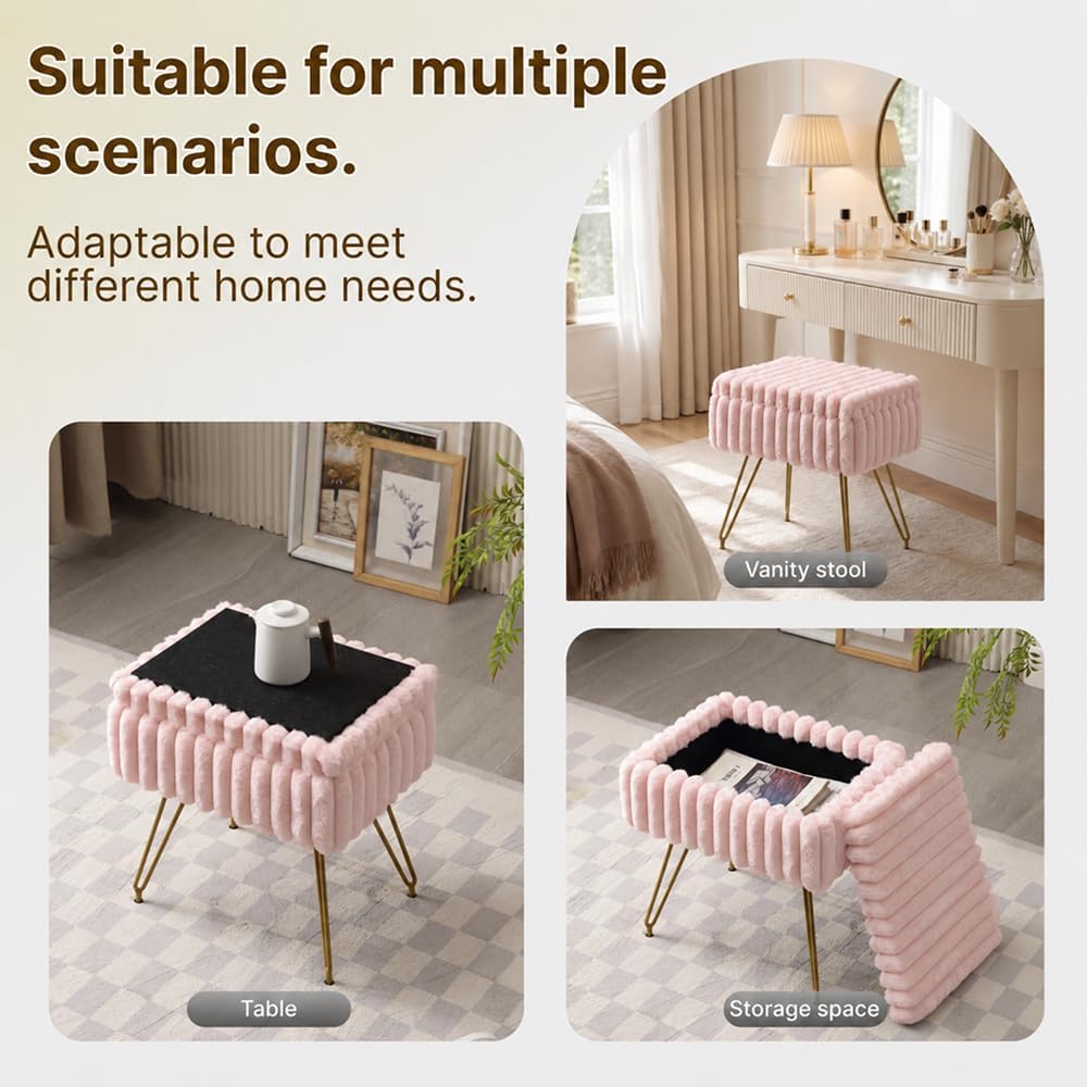 Faux Fur Storage Ottoman, Modern Soft Footstool, Storage Bench with Metal Leg...