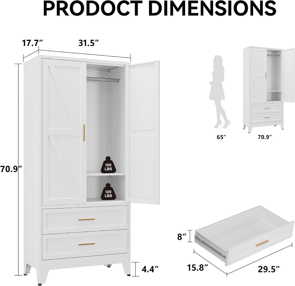 COFaR 71" Metal Wardrobe Closet with 2 Drawers & Hanging Rod, Freest...