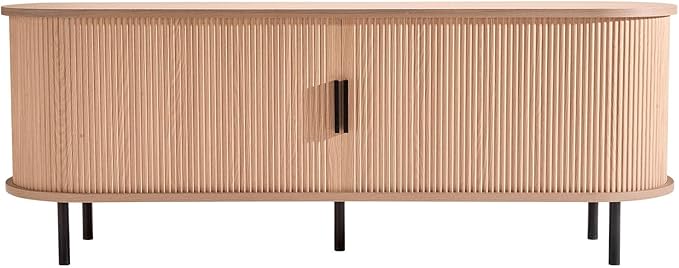 VEVOR Fluted TV Stand for TVs up to 65 inch, Mid-Century Modern Entertainment Center, Media Console with Storage Cabinet and Sliding Tambour Door, Boho Television Stand for Living Room, Bedroom, Oak