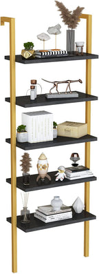 5-Tier Ladder Shelf, Industrial Wall Mounted Bookshelf, Narrow Ladder Bookcase with Wood Board and Metal Frame, Open Display Shelf for Living Room, Bedroom, Office, Black and Gold