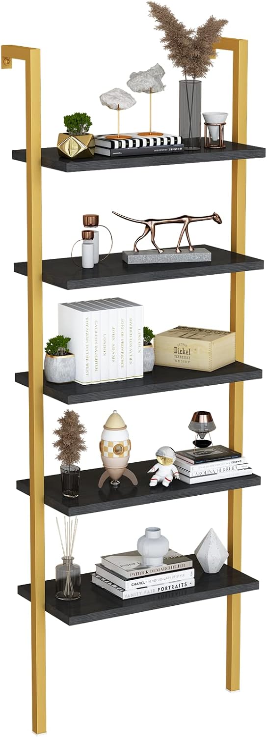 5-Tier Ladder Shelf, Industrial Wall Mounted Bookshelf, Narrow Ladder Bookcase with Wood Board and Metal Frame, Open Display Shelf for Living Room, Bedroom, Office, Black and Gold