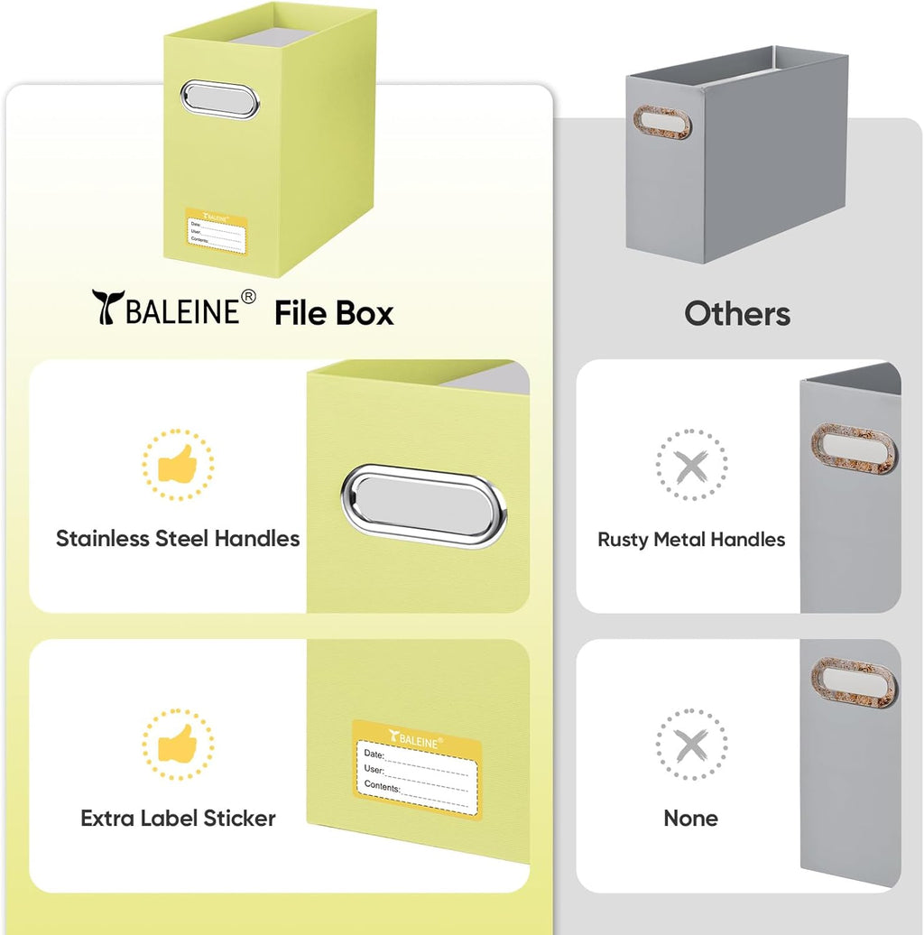 BALEINE File Organizer Box, Cardboard File Folder Organizer with Handle for Letter Size, Portable Collapsible Hanging Filing Box for Home Office Document Storage (4 Pack, Yellow)