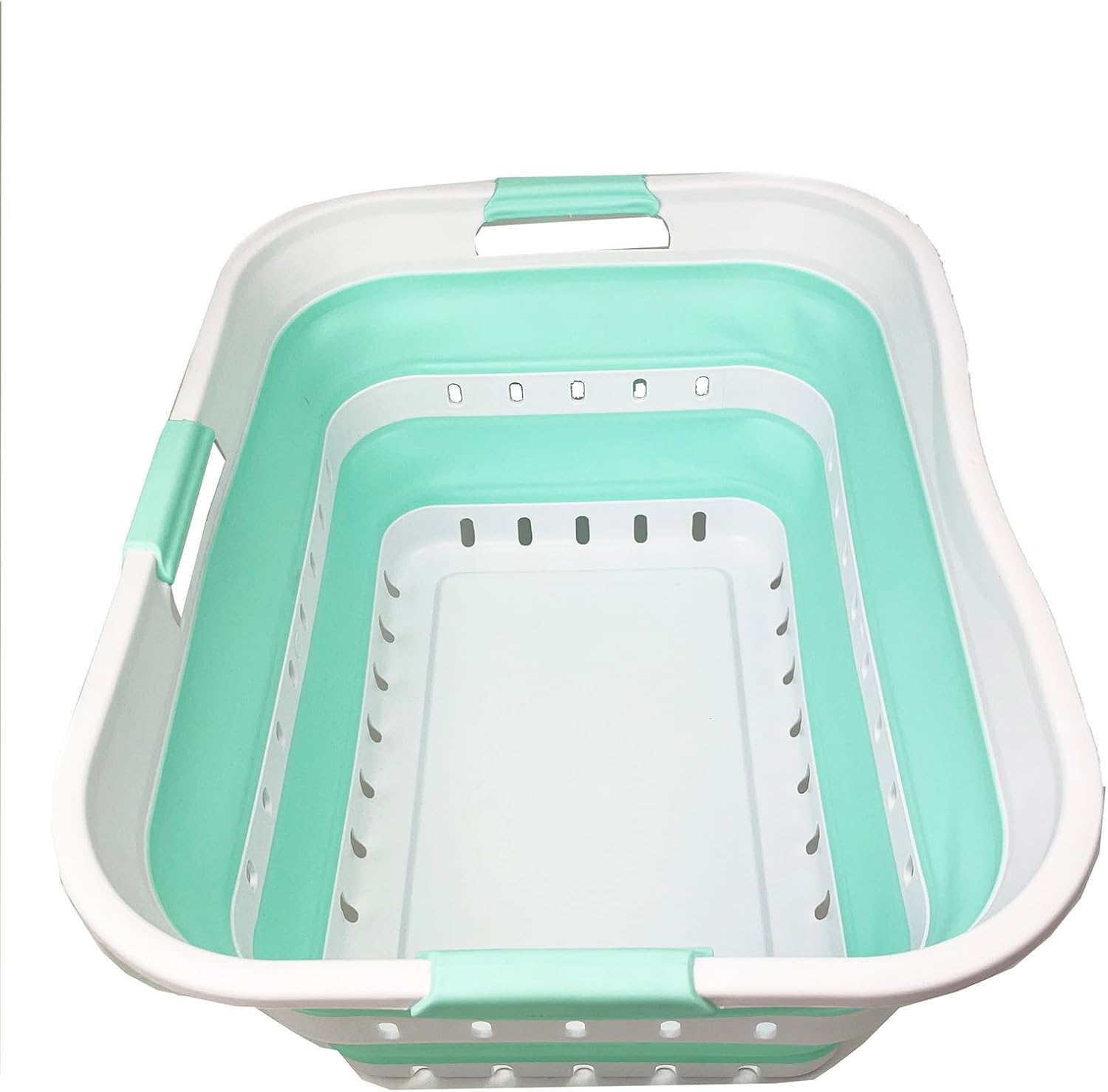 SAMMART 42L (11 gallon) Collapsible Plastic Laundry Basket - Foldable Pop Up Storage Container/Organizer - Space Saving Hamper/Basket (1, White/Light Green)