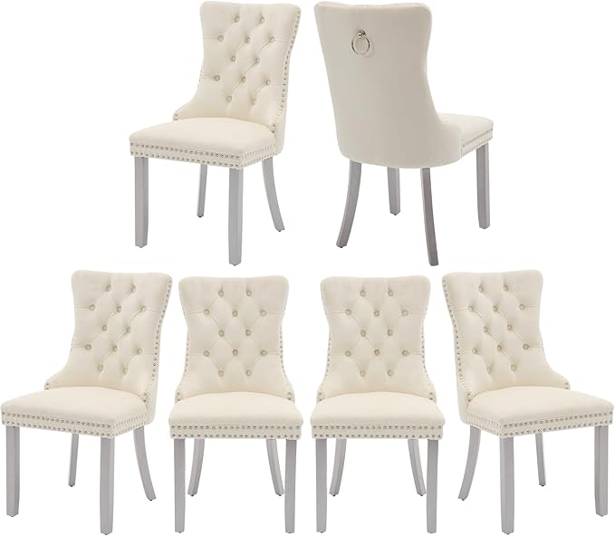 Velvet Dining Chairs Set of 6, High-end Tufted Upholstered Dining Chair with Back Ring Pull, Nailhead Trim and Silver Solid Wood Legs, Modern Dining Room Chairs for Dining Room, Cream
