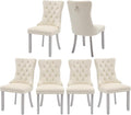 Velvet Dining Chairs Set of 6, High-end Tufted Upholstered Dining Chair with Back Ring Pull, Nailhead Trim and Silver Solid Wood Legs, Modern Dining Room Chairs for Dining Room, Cream