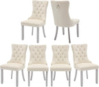 Velvet Dining Chairs Set of 6, High-end Tufted Upholstered Dining Chair with Back Ring Pull, Nailhead Trim and Silver Solid Wood Legs, Modern Dining Room Chairs for Dining Room, Cream