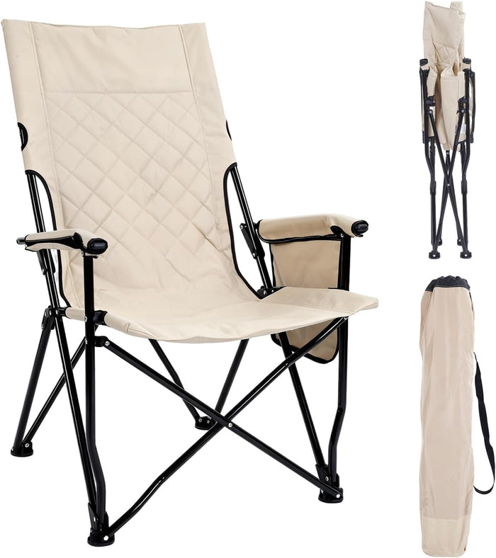 Folding Camping Chair, High Back Padded Portable Camp Chair with Storage Bag, 600D Oxford Fabric Comfortable Chair for Outdoor Camping, Beach, Fishing (Beige)
