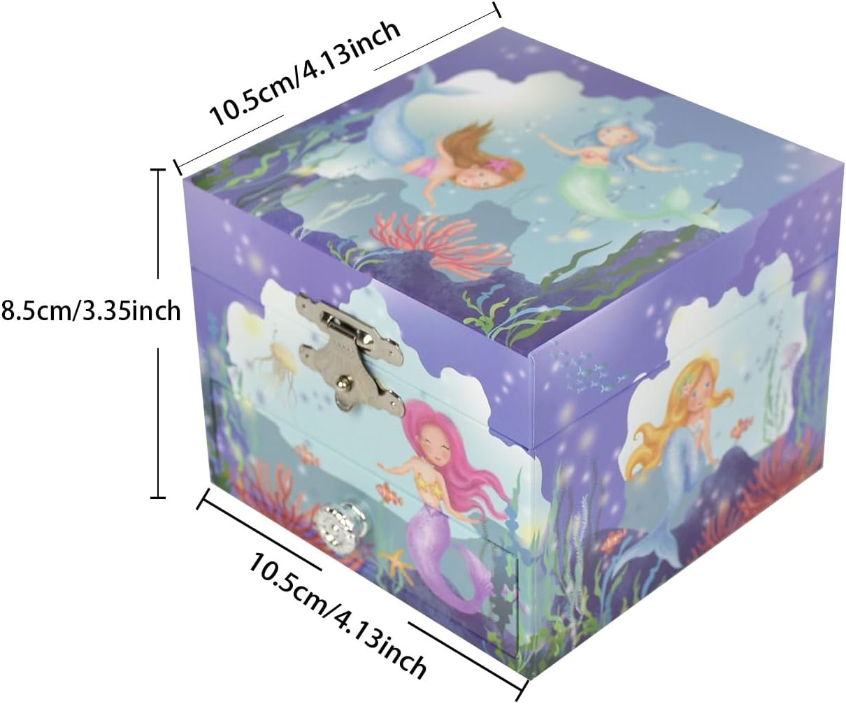 Mermaid Music Box for Girls - Little Mermaid Jewelry Box with Rotating Figurine, Storage Drawer, & Beautiful Dreamer Melody | Ocean Theme Design, 4.13x4.13x3.35 Inches | Musical Jewelry Box