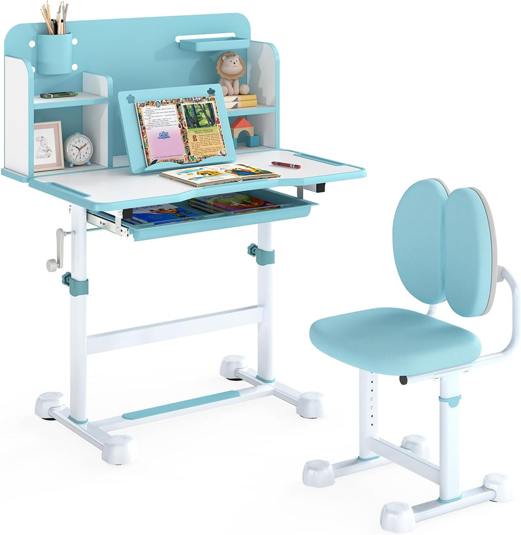 Costzon Kids Height-Adjustable Study Desk and Chair Set with Tilting Desktop, Pen Holder, Reading Stand, Footrest Bar, Ergonomic Design for Toddlers (Blue, 31.5"x21.5"x42")