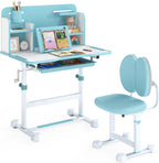 Costzon Kids Height-Adjustable Study Desk and Chair Set with Tilting Desktop, Pen Holder, Reading Stand, Footrest Bar, Ergonomic Design for Toddlers (Blue, 31.5"x21.5"x42")