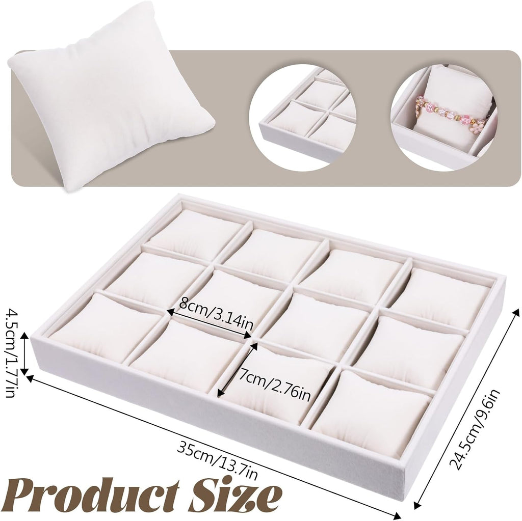 2 Pcs Velvet Watch Tray, 12 Grid Jewelry Organizer Stackable Tray Watch Bracelet Bangle Display Holder with Adjustable Pillows for Woman Man (Beige)