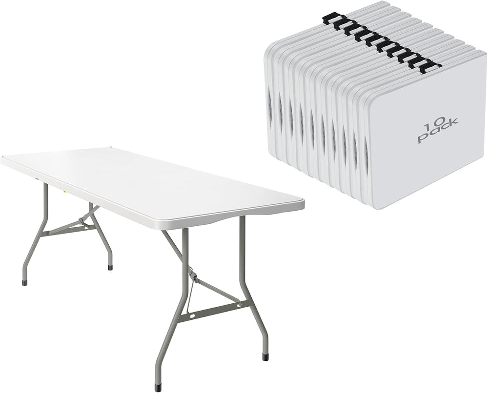 10 Pack 6FT Folding Tables, Heavy Duty, Carry Handle, White