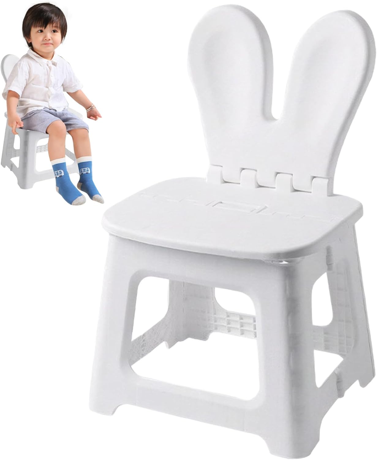 Kids Folding Chair, Rabbit Ear Back, Grey, 11In, Toddler Chair | Sturdy Heavy Duty Build, Cute Rabbit Ear Design, Great for Kitchen & Bathroom