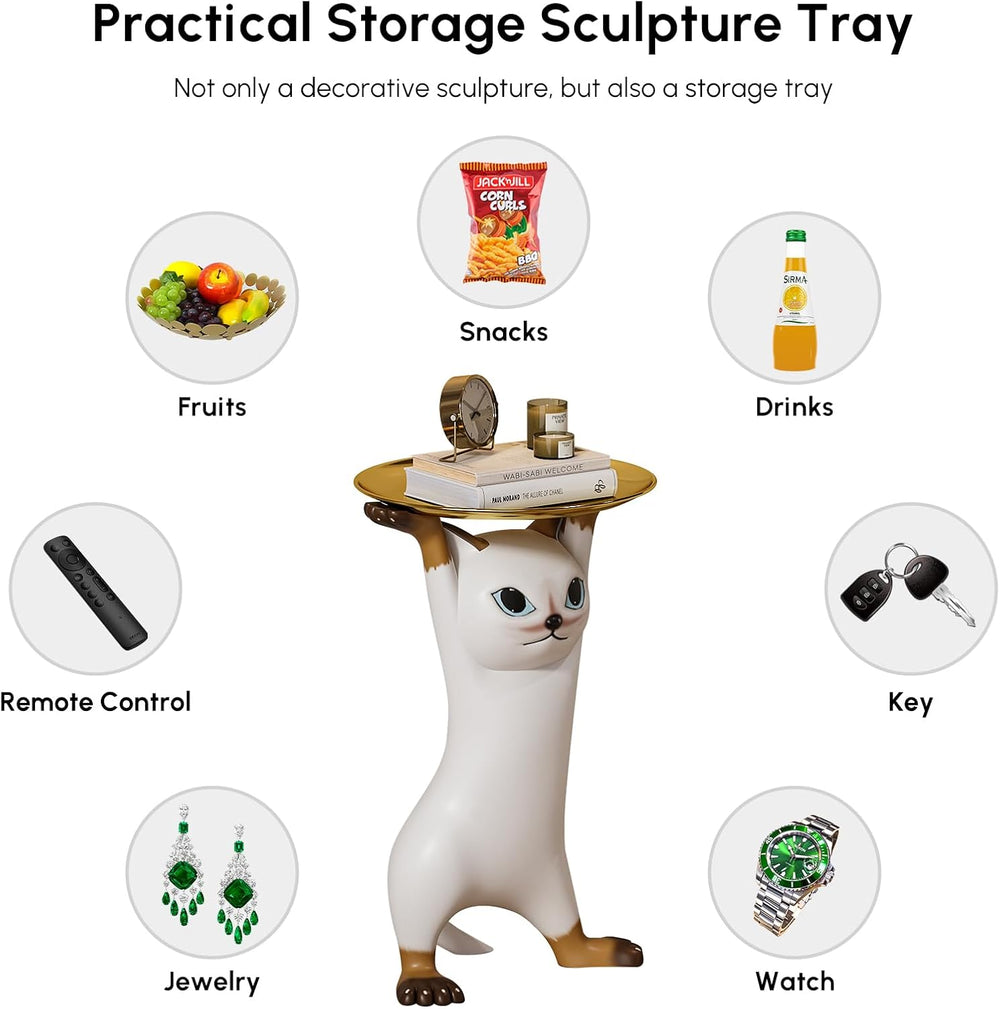homary Cat Side Table with Gold Tray – Resin Animal Figurine End Table, Small...