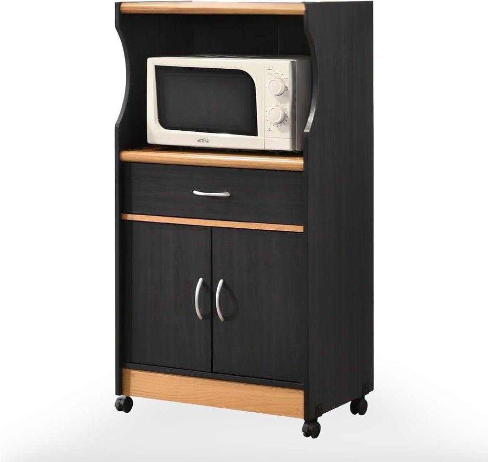 L'Baiet Rolling Kitchen Cart with Microwave Shelf & Cabinet, Black
