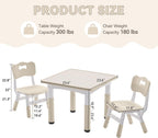 GITAWUSA Kids Study Table and Chairs Set, Height Adjustable Toddler Table and Chair Set for Kids Ages 3-8, 23.6" L x 23.6" W Graffiti Desktop Plastic Children Art Table with 2 Seats, Burlywood