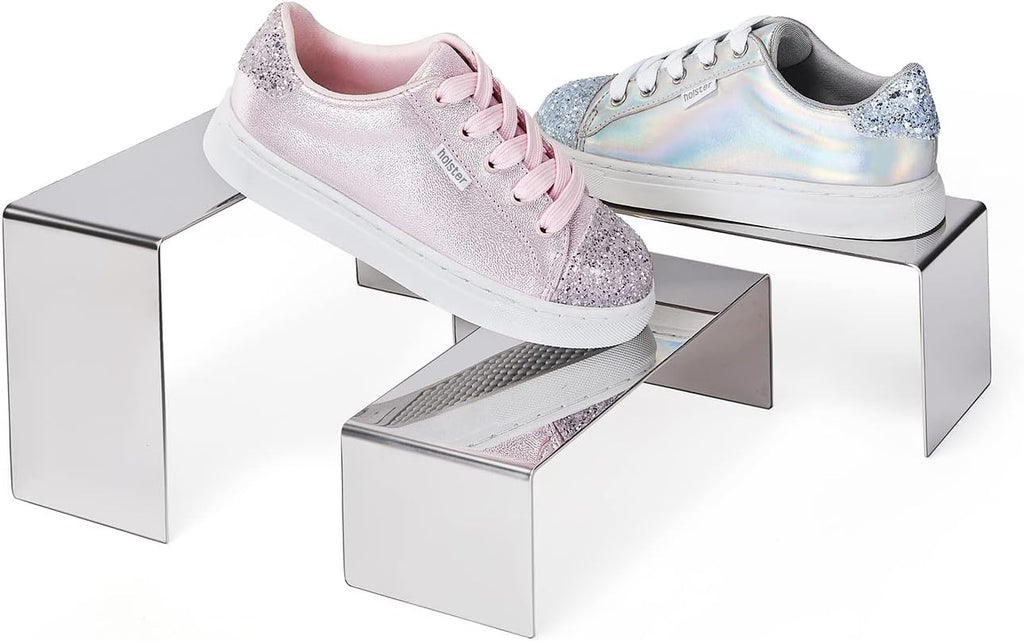 Purse Display Stand, 3 Silver Risers Display Stands Stainless Steel, Heavy Duty Countertop Shoes Stand Handbag Holder Risers for Home Boutique Retail Store Vendor Display Bags Perfume Jewelry (RCS 50% Recycled Post-consumer Metal)