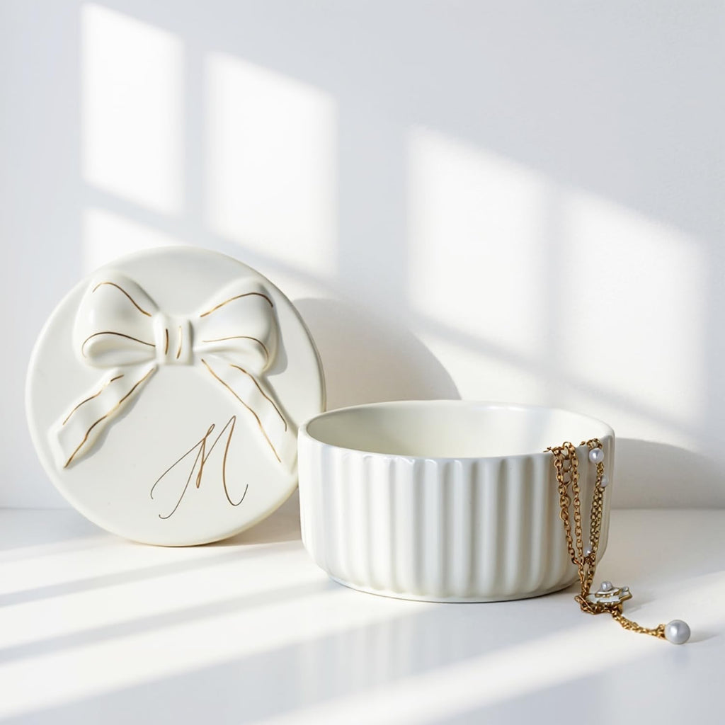 COLLECTIVE HOME Ceramic Jewelry Box with Bow, Nightstand Vanity Decor(M) | Jewelry Tray with Lid, Christmas Mother's Day Birthday Gifts for Women, Wedding, Bridal Shower, Bridesmaid Proposal Gifts