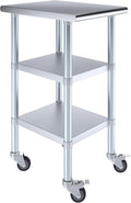 AmGood Stainless Steel Work Table with 2 Shelves and Casters | Metal Utility Table On Wheels (Stainless Steel Work Table with 2 Shelves + Casters, 18" Long x 24" Deep)