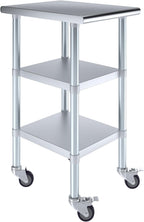 AmGood Stainless Steel Work Table with 2 Shelves and Casters | Metal Utility Table On Wheels (Stainless Steel Work Table with 2 Shelves + Casters, 18" Long x 24" Deep)