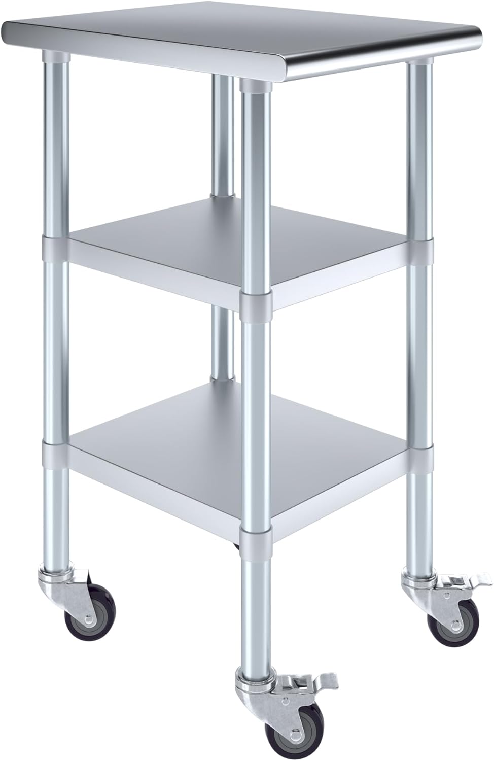 AmGood Stainless Steel Work Table with 2 Shelves and Casters | Metal Utility Table On Wheels (Stainless Steel Work Table with 2 Shelves + Casters, 18" Long x 24" Deep)