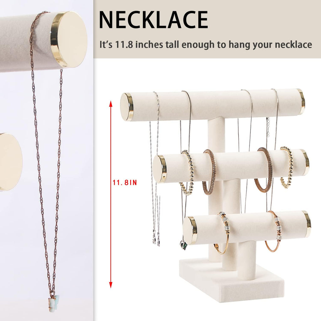 3 Tier Bracelet Holder,Bracelet Display Stand with Metal Cap,Beige White Velvet Jewelry Organizer Displays for Necklace Scrunchies Watches Hair Ties.