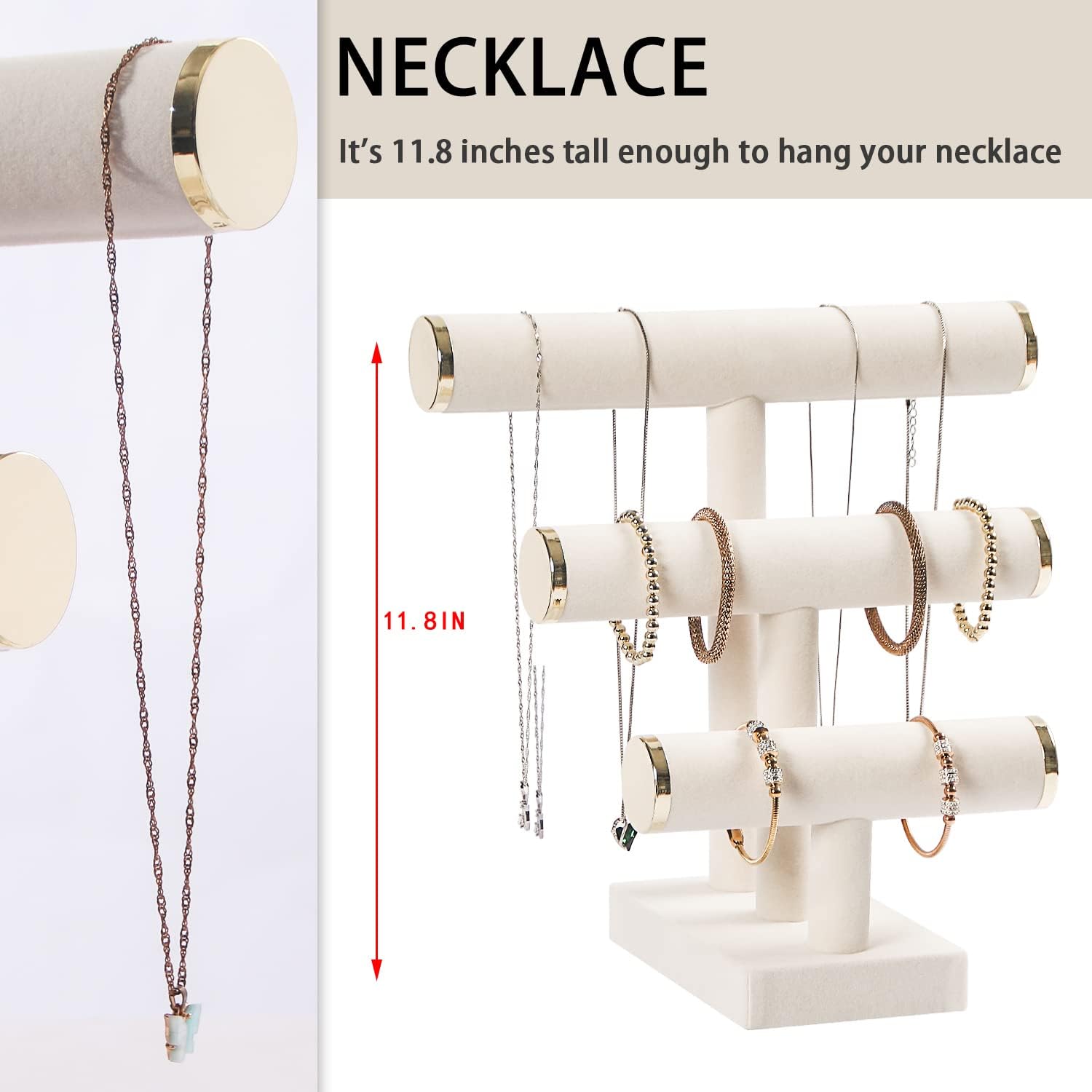 3 Tier Bracelet Holder,Bracelet Display Stand with Metal Cap,Beige White Velvet Jewelry Organizer Displays for Necklace Scrunchies Watches Hair Ties.