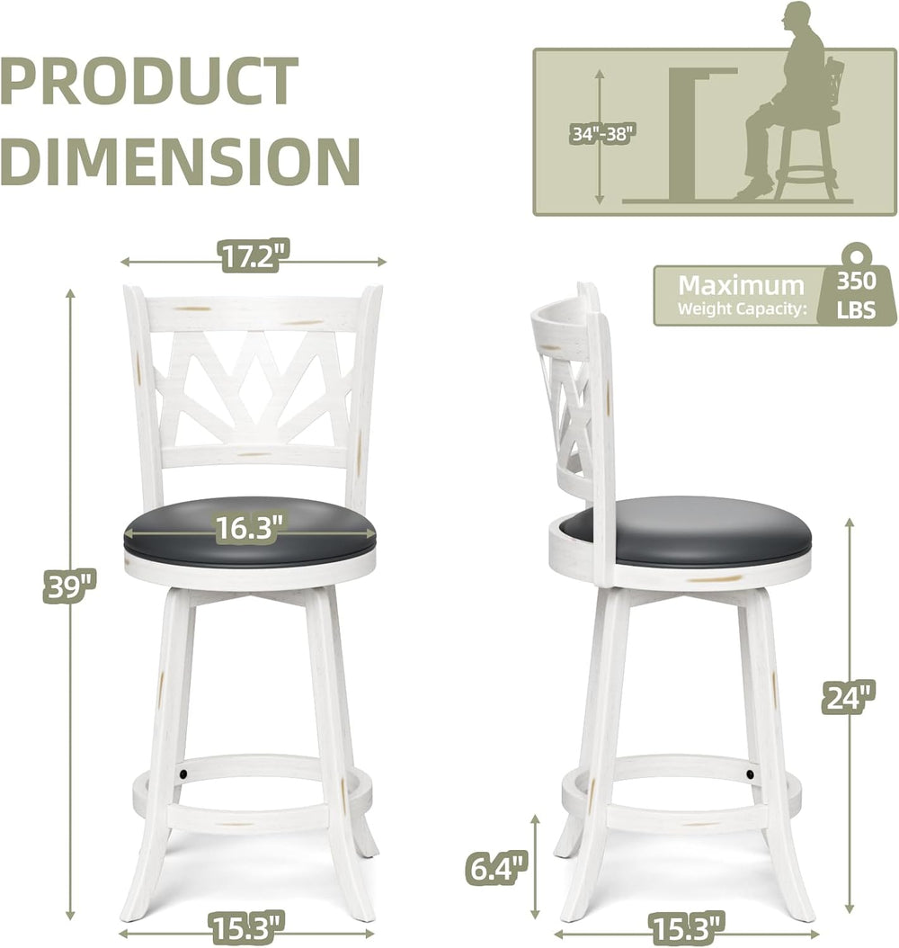 Bar Stools Set of 2, Farmhouse 24" Counter Height Barstools, White