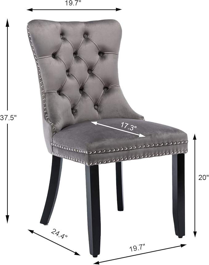 Grey Velvet Dining Chairs Set of 4, Upholstered Dining Room Chairs with Back Ring Pull Trim and Solid Wood Legs,Tufted Wingback Kitchen Chairs for Dining Room,Living Room,Kitchen(Grey)