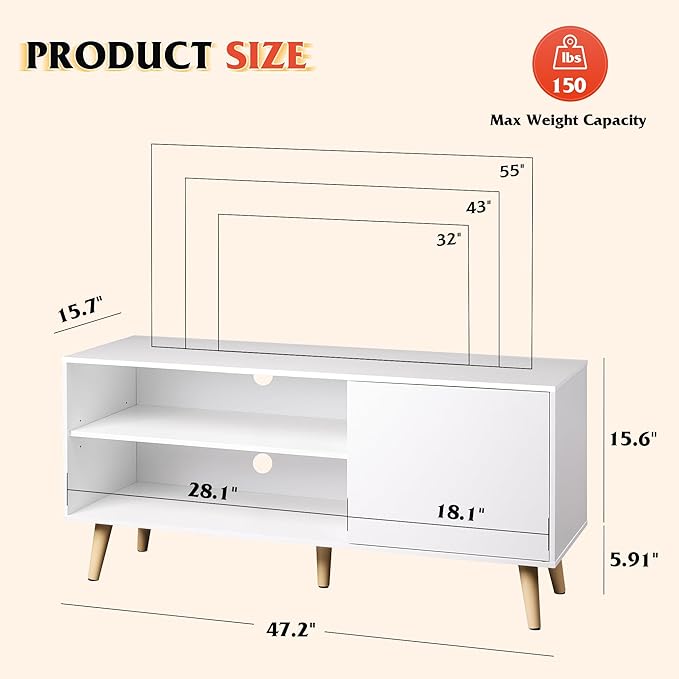 WLIVE TV Stand for 55 Inch TVs, Entertainment Center with Storage Cabinet, Mid-Century TV Stands for Living Room and Bedroom, 50" TV Console, White