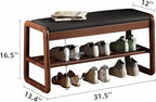 Wooden Shoe Storage Bench with Padded Top Cushion, Two-Tier Wooden Shoe Rack, Suitable for Bedrooms and Living Rooms, Black Walnut(31.5'')