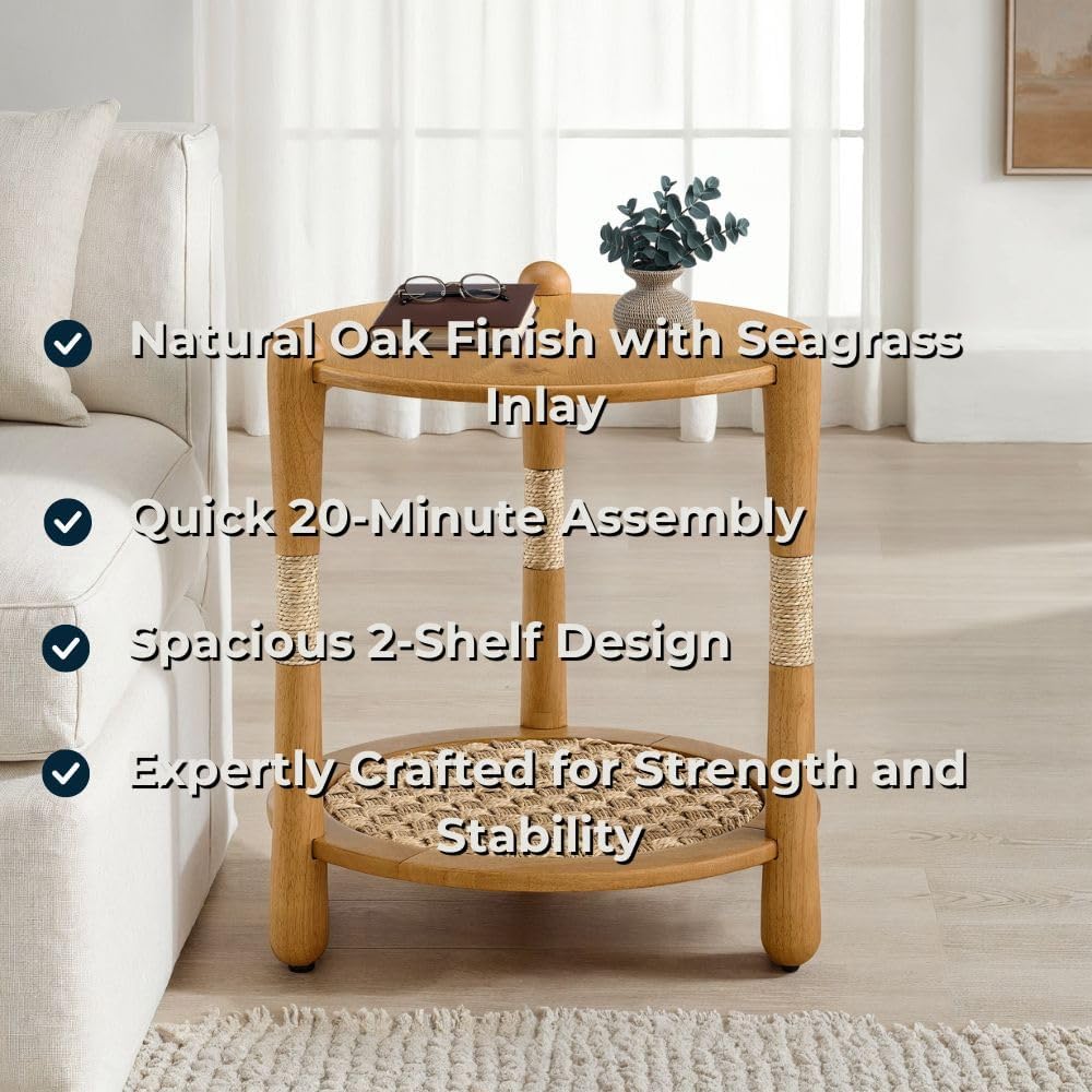 Harbor Oak 20" Round Oak Wood End Table with Seagrass Accents and Shelf ...