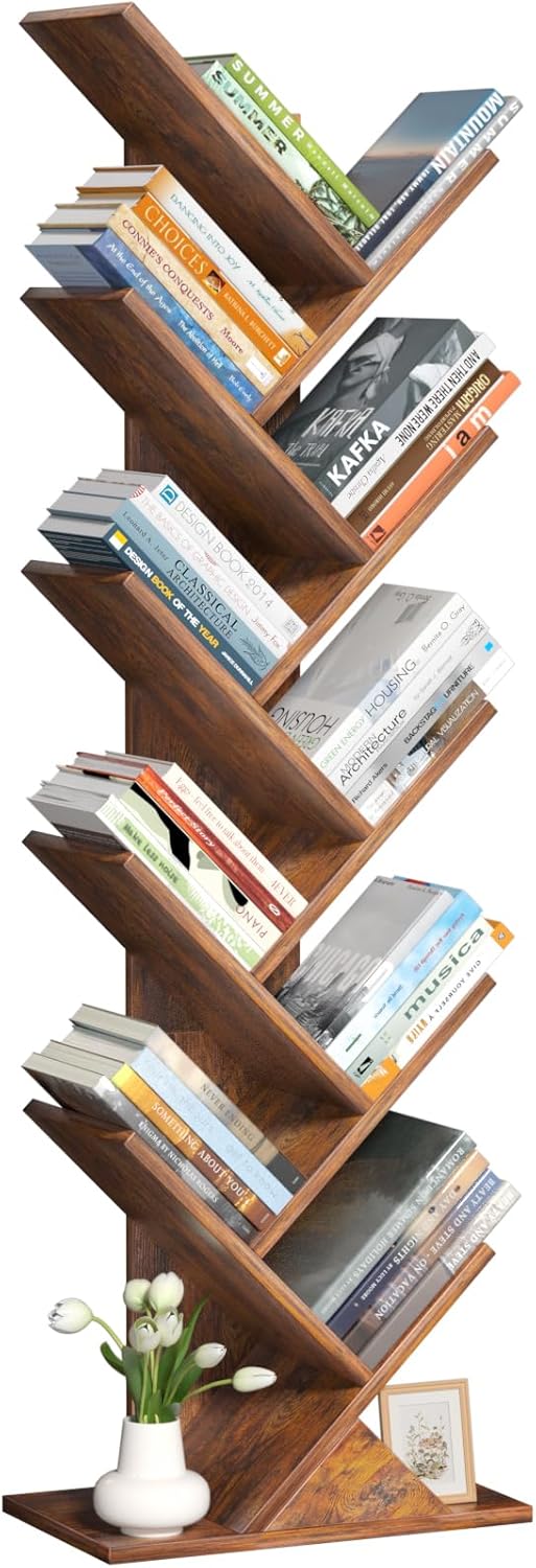 SHEEPAM 10 Tier Tree Book Shelf, Floor Standing Wood Bookshelf for Narrow Spa...