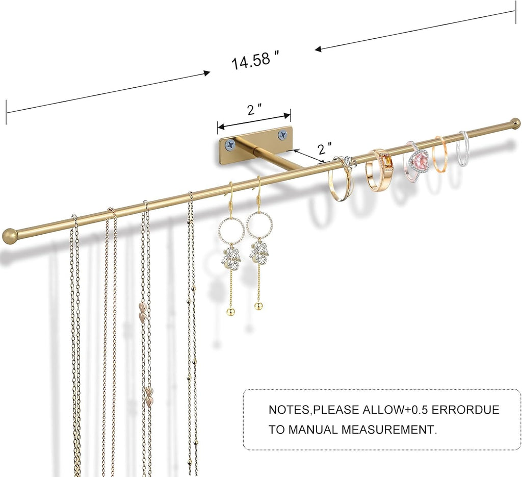 2-Pack Wall Hanging Jewelry Organizer, 14.5" Necklace Holder, Gold | For earrings, rings, bracelets, hairbands, glasses, space saving wall display, screws included